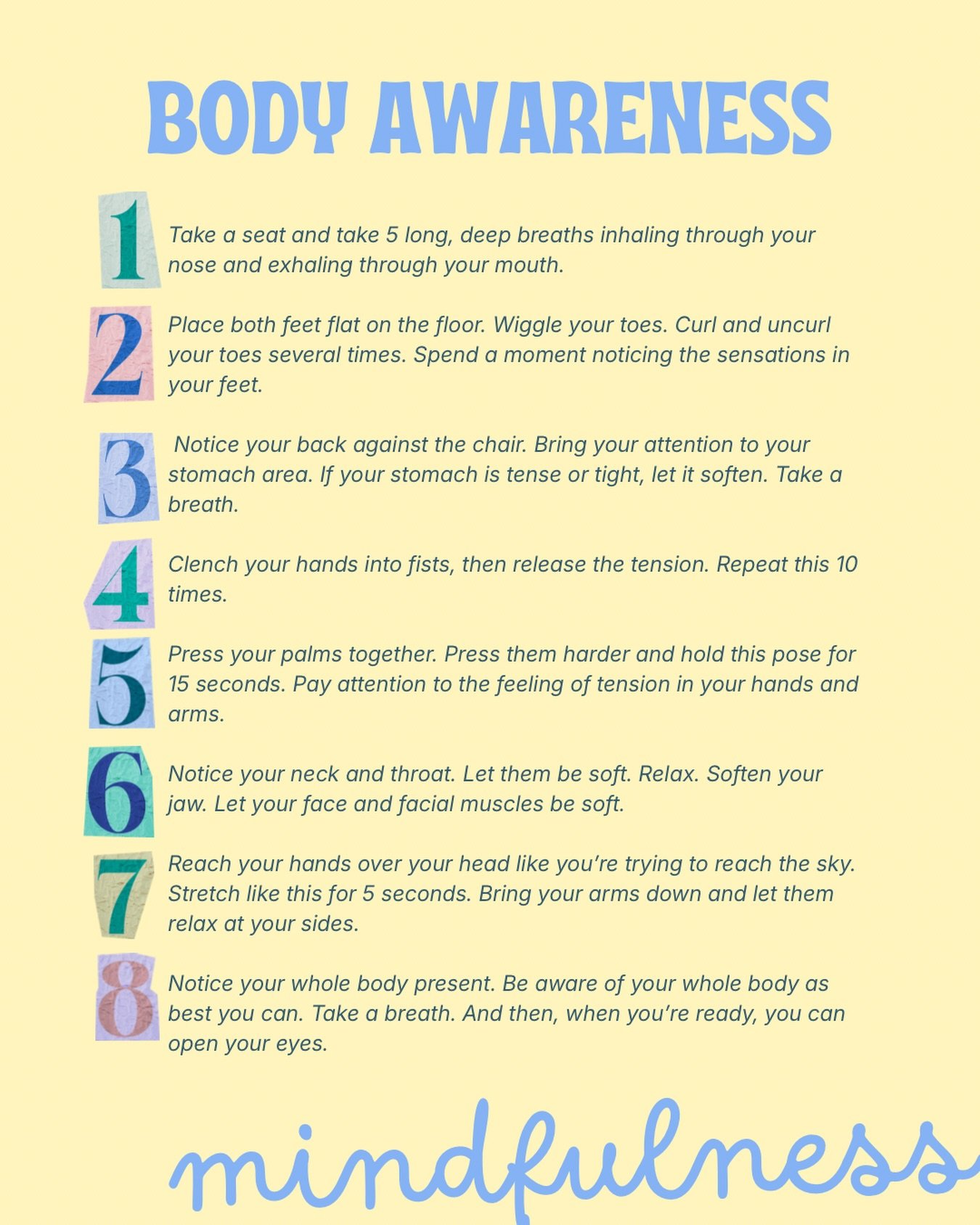 next up on our Spring Break mindfulness series: body awareness aka progressive muscle relaxation 🧘🏻&zwj;♀️ when you feel overwhelmed, try a 2-minute body awareness reset.

Mindfulness doesn&rsquo;t have to be complicated. Simply slowing down and no