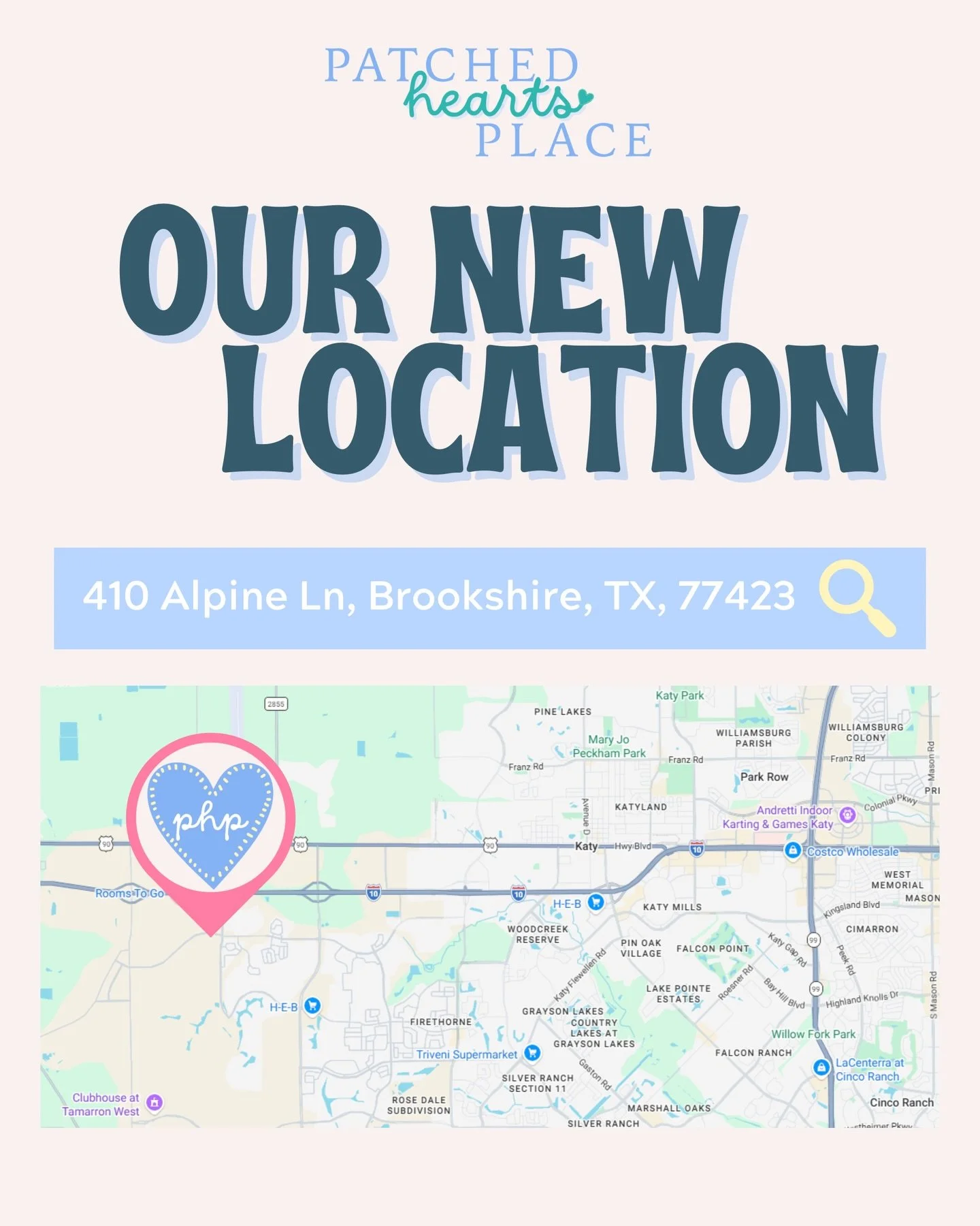 Wondering how far we are from you? WE HAVE YOU COVERED 🙂&zwj;↕️ 

Appointments are available now ✍🏻 you can book through the link in our bio, directly online at patchedheartsplace.com or text 281-519-9554 📱 

About Us 👉🏼 Patched Hearts Place is 