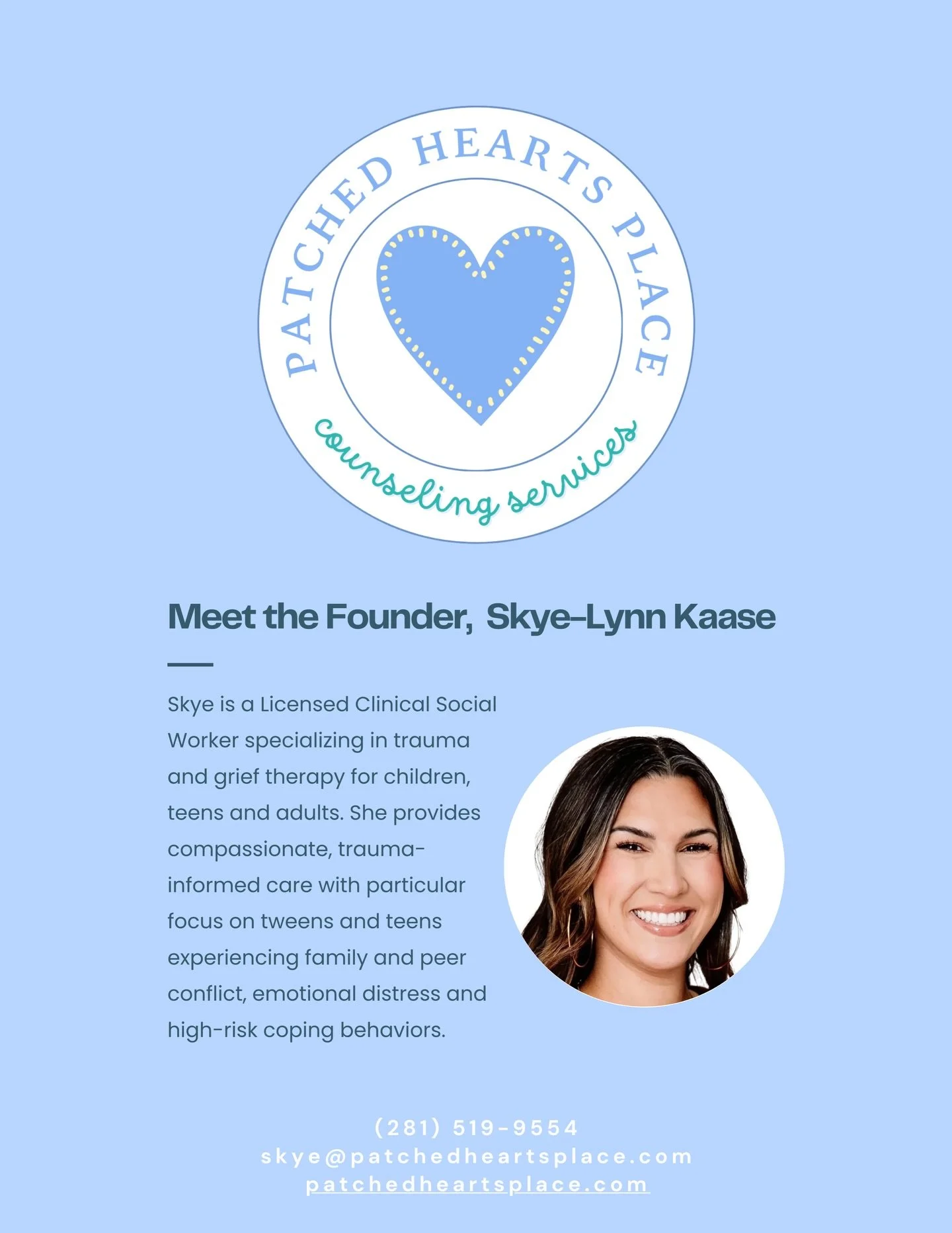 Hi! I&rsquo;m Skye - founder of Patched Hearts Place 💛

I&rsquo;m here to walk alongside children, teens and adults through grief, trauma, anxiety and more with a goal of helping make sense of what feels overwhelming. 

Appointments are open for cli