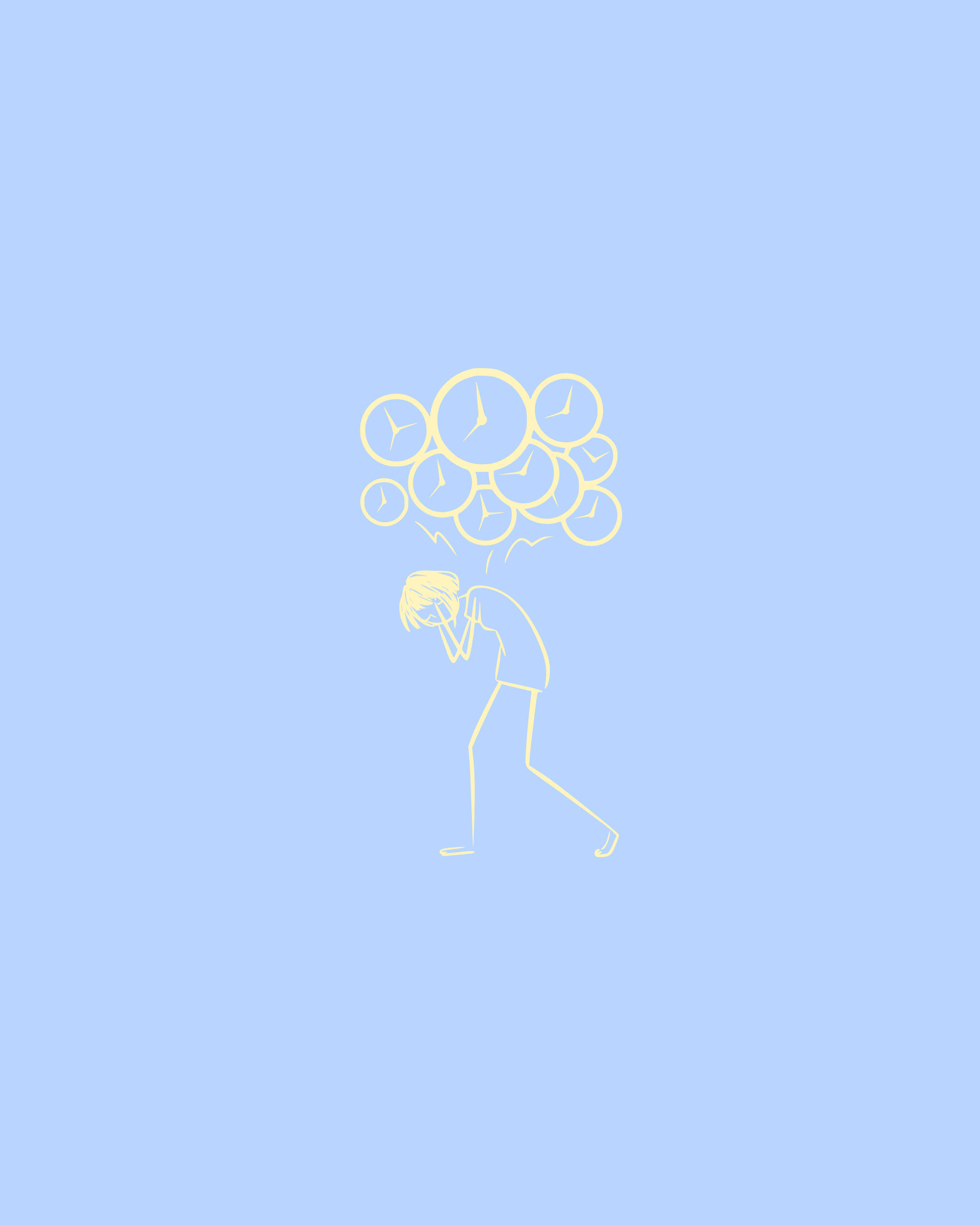 A minimalistic line drawing of a person holding their head in despair, with numerous clocks above them representing stress or anxiety about time, set against a light blue background.