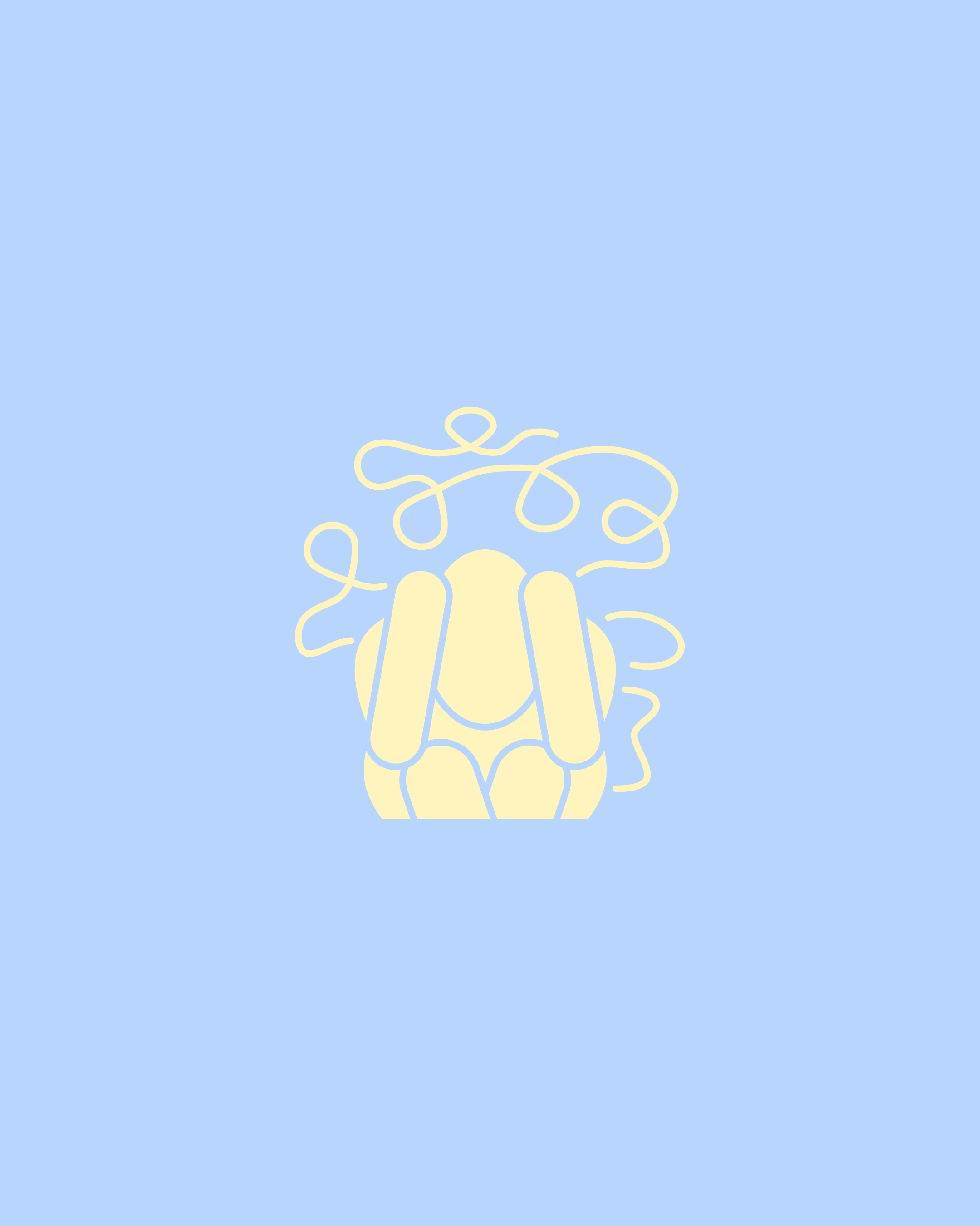 Minimalist illustration of a dog with swirling lines around its head on a light blue background.
