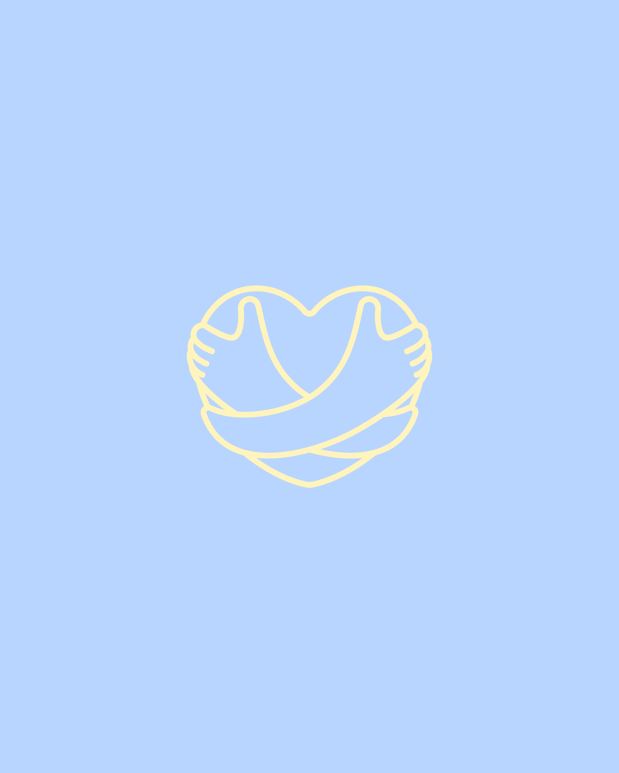 A minimalist line drawing of two hands holding a heart on a light blue background.