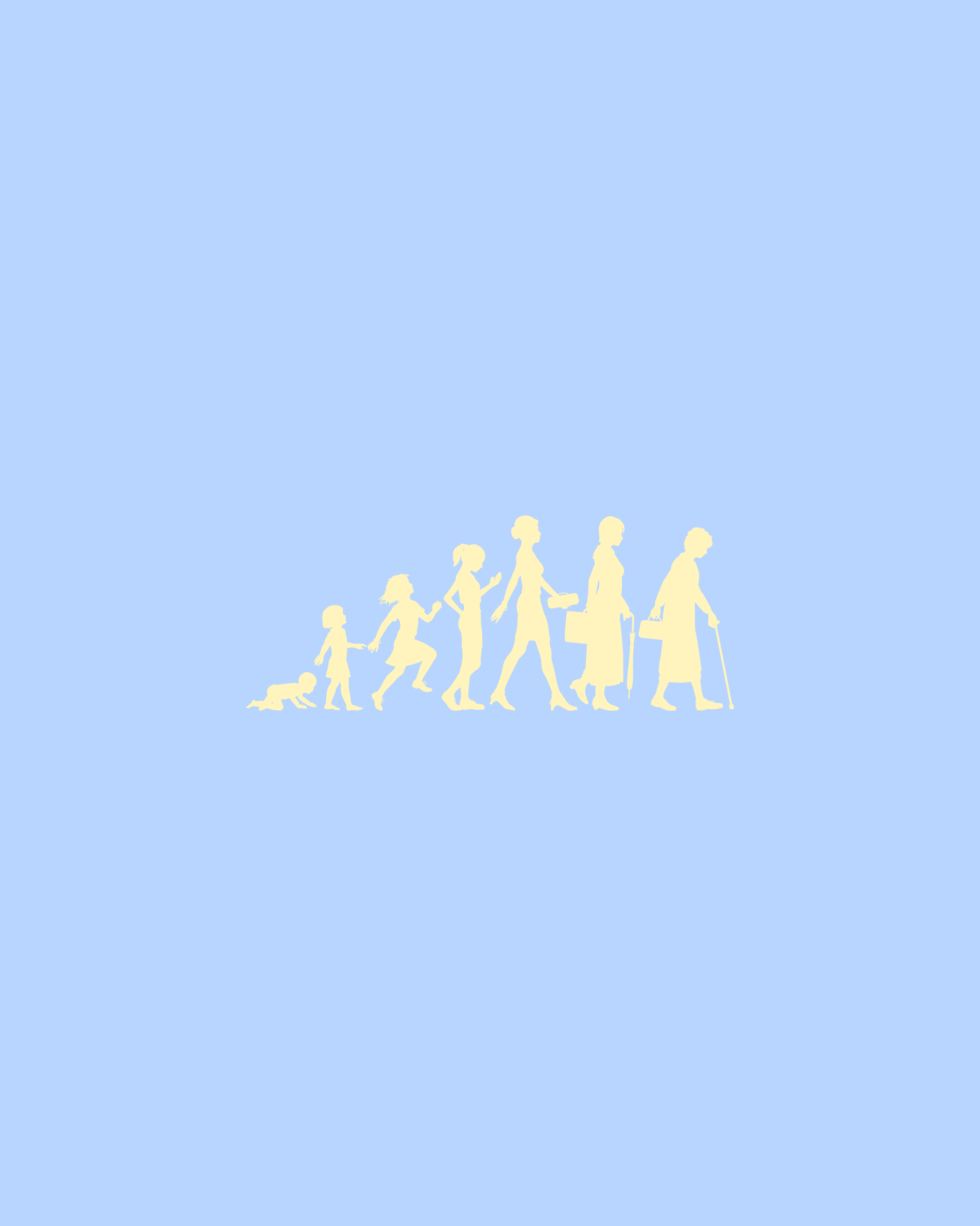 Silhouette of human evolution from a crawling primate to an elderly person using a cane, set against a light blue background.