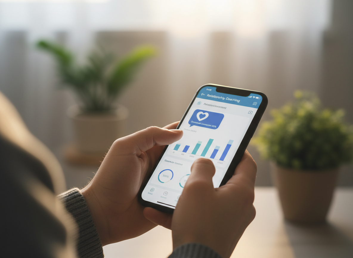 Person holding smartphone displaying relationship coaching app with charts and stats, blurred plants in background.