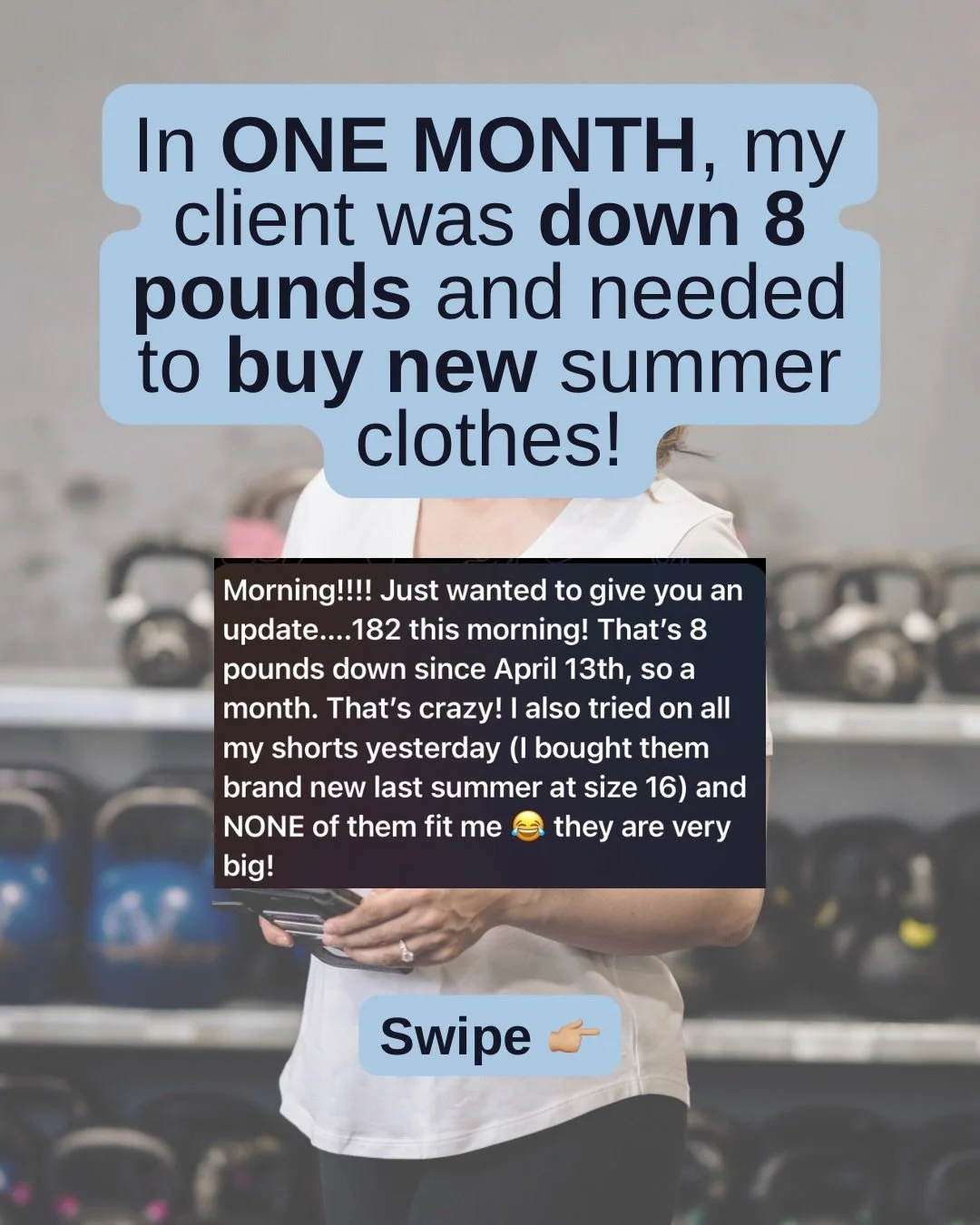 You read that right, 8 pounds in a month!

Now, I will say this client lost more than my clients do on average in a month, but she didn&rsquo;t do anything drastic to get there.

First thing she did was join my 1:1 coaching program. 

She had tried t