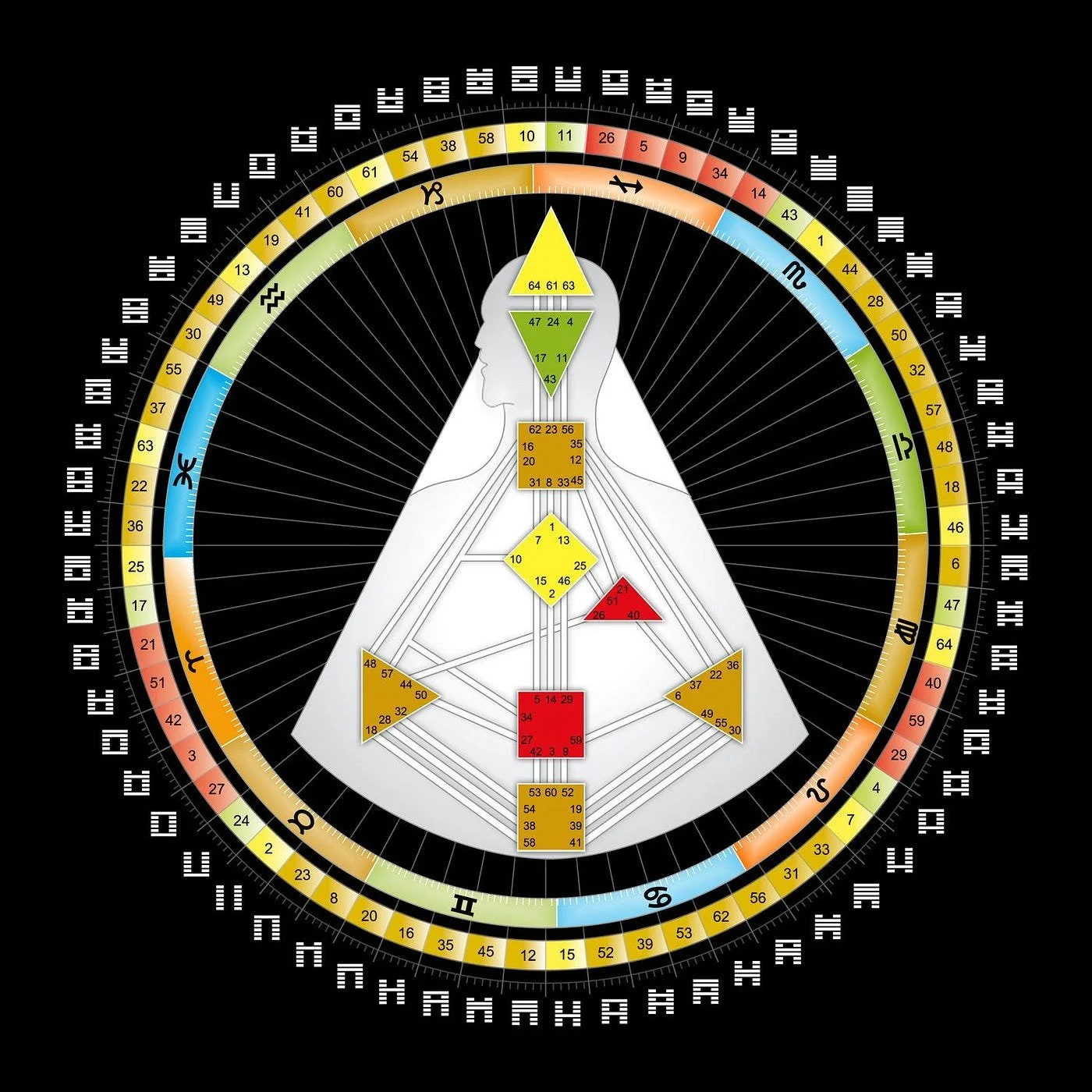 An astrological chart with the silhouette of a woman's profile, overlaid with a geometric diagram, zodiac signs around the circle, and houses marked with numbers.