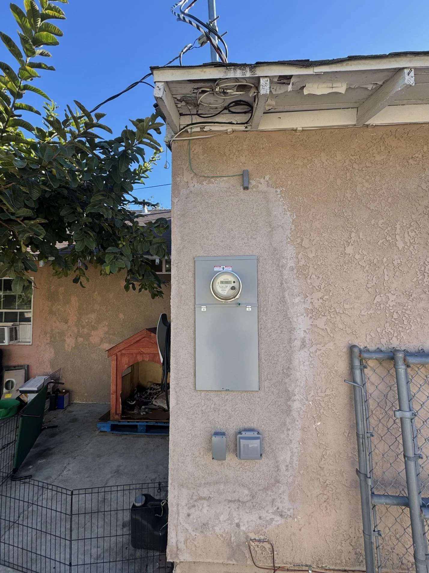 The image shows the side of a beige stucco house with an electrical meter box mounted on the wall. A doghouse is visible in the background with a cat inside, and there is a small chain-link fence and some foliage. Wires and cables are seen on the roo