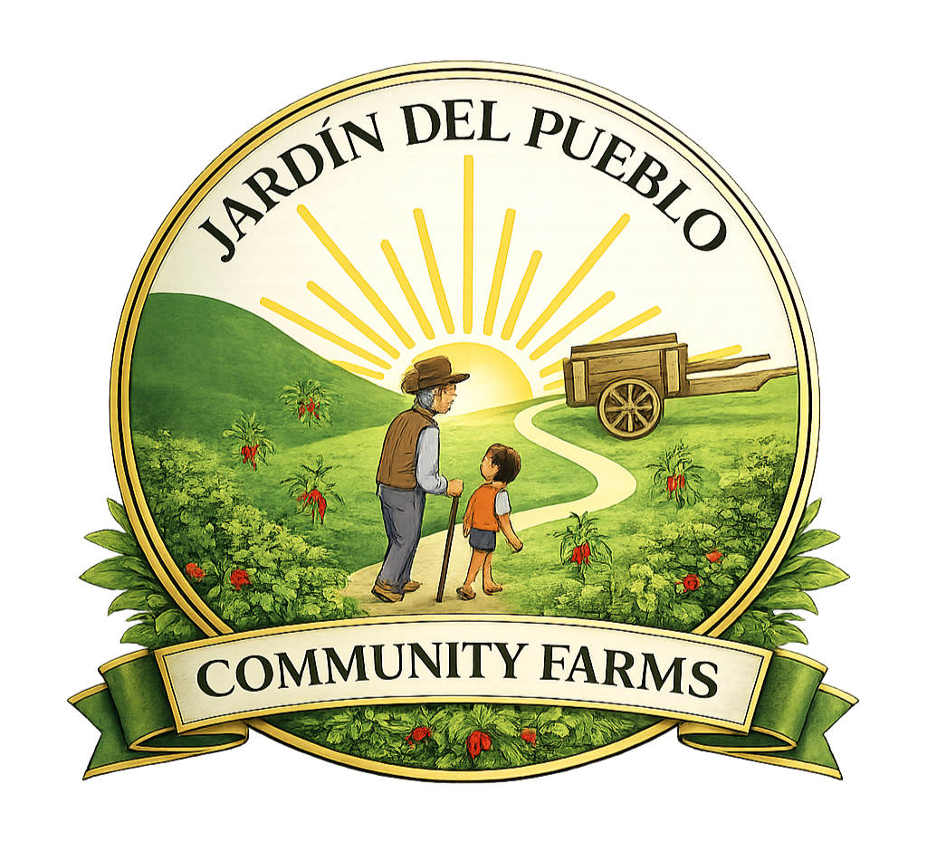 A logo for Jardin del Pueblo Community Farms featuring a sunny landscape with a woman and a child walking along a path, hills, red flowers, and a wooden cart, with the words "Jardin del Pueblo Community Farms"