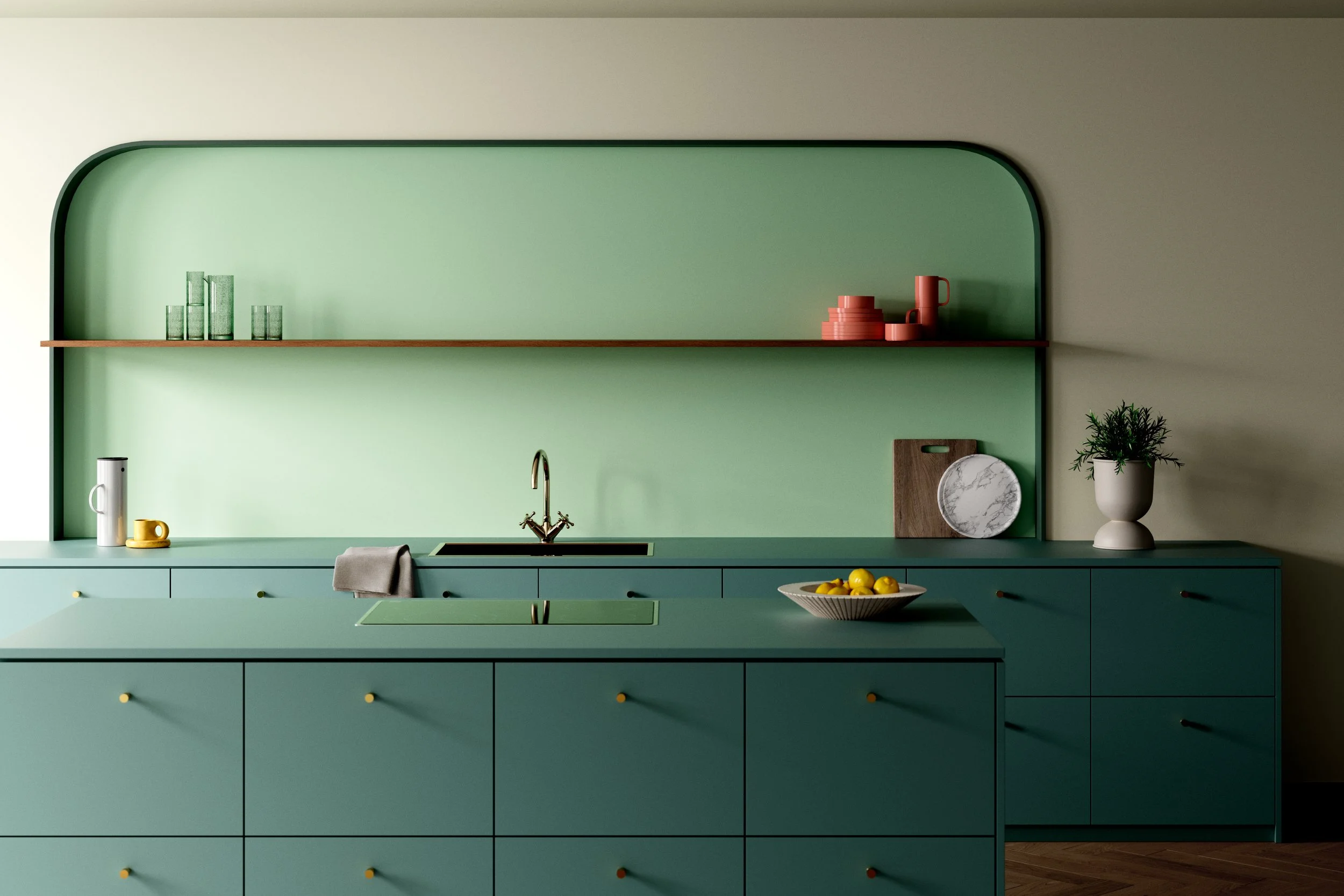 Mørkt grønt køkken med rustfrit stål armatur, grønne skabe med små gule knapper, åbne hylder med glas og ret staude, skærebræt og vase med planter.