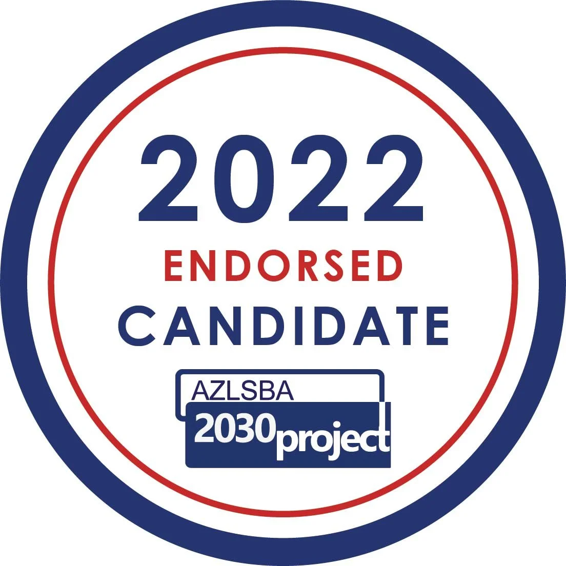 2022 endorsed candidate badge for AZLSBA 2030 project, circular design with red, white, and blue colors.