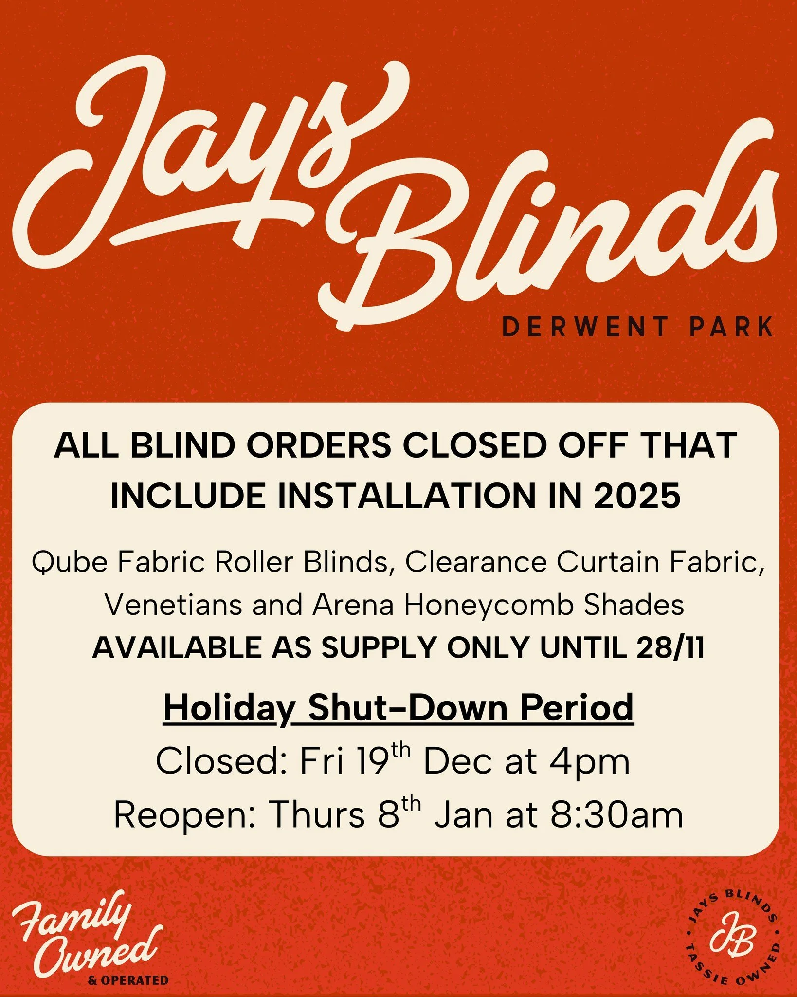 ✨ END OF YEAR UPDATE FROM JAYS BLINDS ✨

As we head into the busy holiday season, we want to make sure our customers don&rsquo;t miss out!

🛠️ All blind orders that require installation in 2025 are now closed off.

But don&rsquo;t worry - Qube Fabri