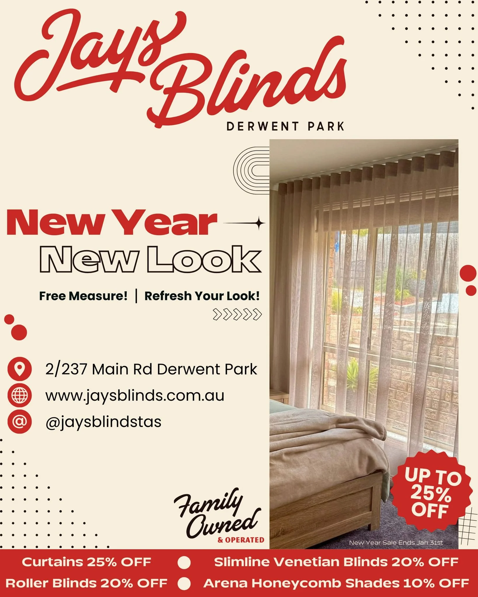 ✨ New Year. New Look. ✨

Start 2026 with a fresh feel at home thanks to the Jays Blinds New Year, New Look Sale!

For a limited time, enjoy up to 25% OFF selected window furnishings, including:

🔴 Curtains &ndash; 25% OFF
🔴 Roller Blinds &ndash; 20