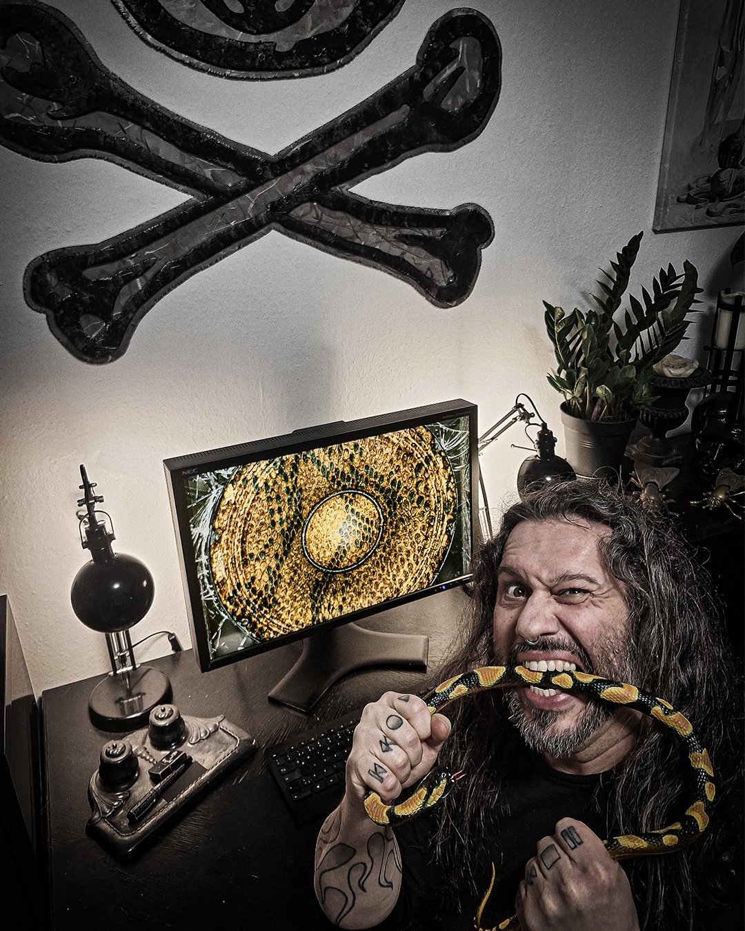 The maniac, the master&hellip; the man who knows how to get the absolute maximum out of the snake pit 🤘🔈🐍🖤 Thanks to @bjoerngoosses for the phenomenal art work on "Inhale The Noise"!

#albumartwork #graphicwizard #killustrations #inhale