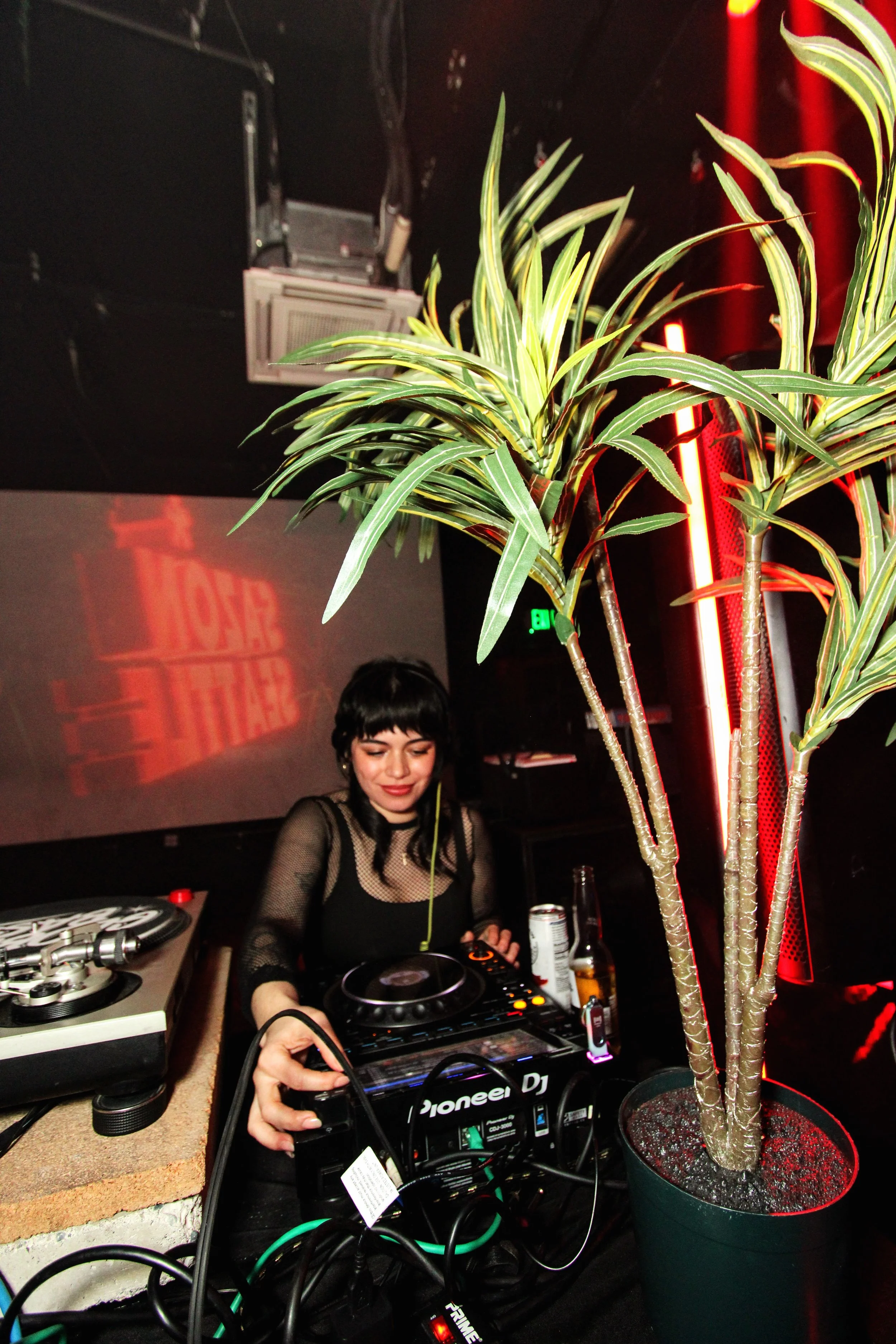 A female DJ with dark hair and a black mesh top is mixing music in a nightclub with red lighting, next to a large potted plant.