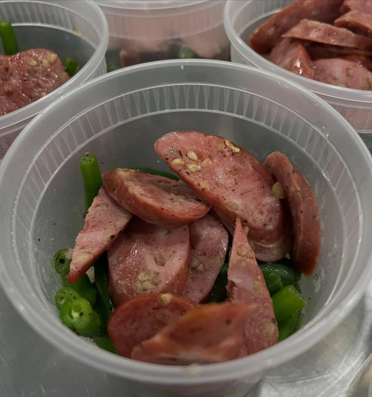 Meals for our Sonoma Valley Seniors prepared and ready for delivery.  Roasted Chicken Sausage, Olive Oil Green Beans and Mirepoix Rice.  A full meal for sure!  Personally, I would eat this meal for dinner, and I am.  We are honored to provide meals t