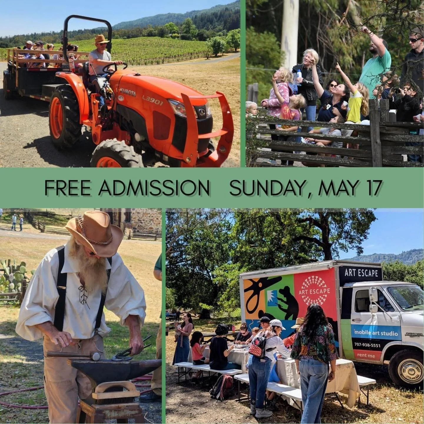 🚜 🌼 🍎 🥪 🍦 🎶 🐺 FREE.  Looking for a perfect spring day out with family and friends? Mark your calendar for the Call of the Wild Festival at Jack London State Historic Park on Sunday, May 17! 

💵 Enjoy free park admission, guided hikes through 