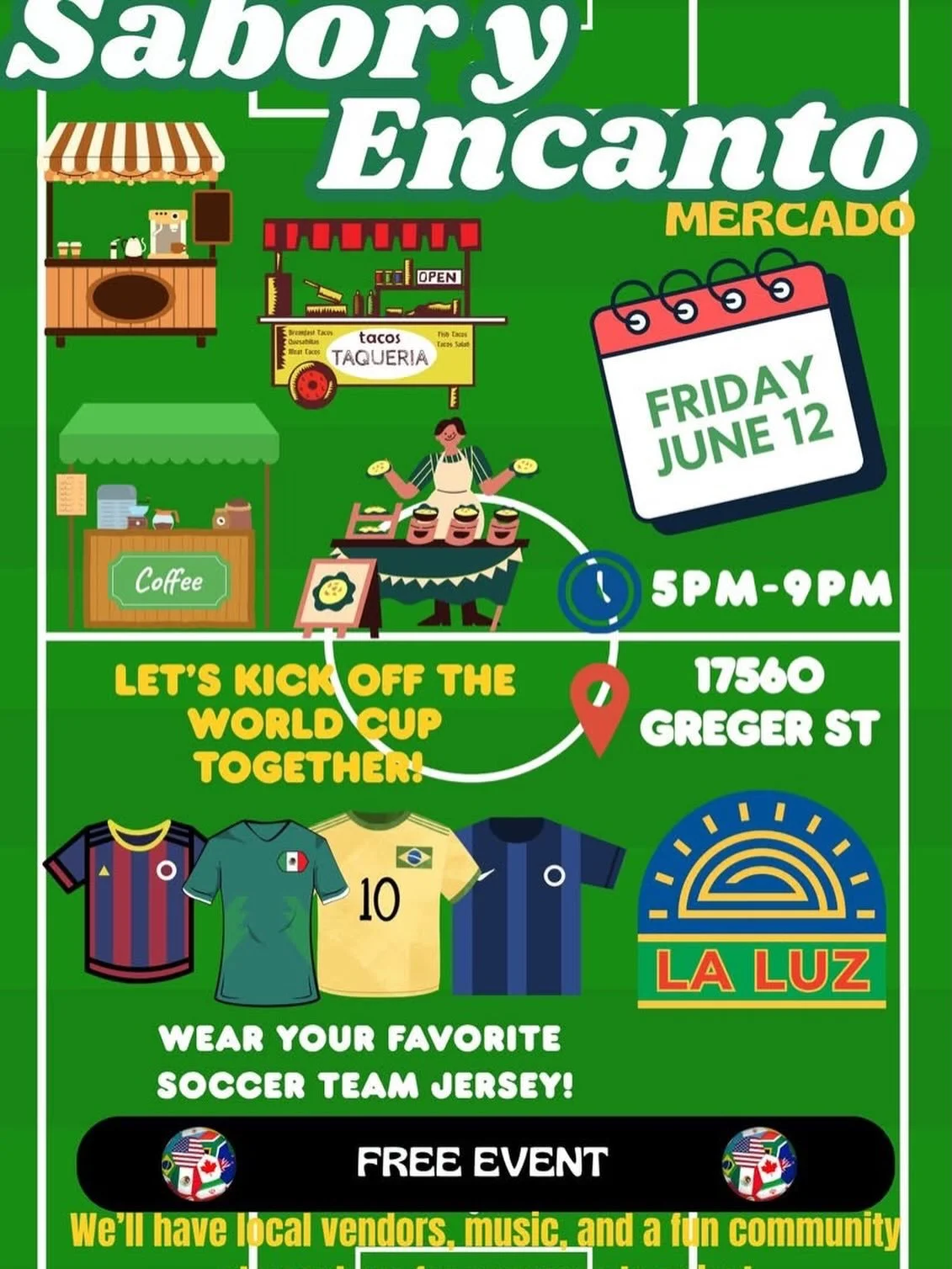 ⚽🌎 Sabor y Encanto Mercado is back! 🌎⚽

Join us as we celebrate the excitement and spirit of the FIFA World Cup with an evening full of community, local vendors, food, music, and fun for all ages!

📅 Friday, June 12
⏰ 5:00 PM &ndash; 9:00 PM
📍 17