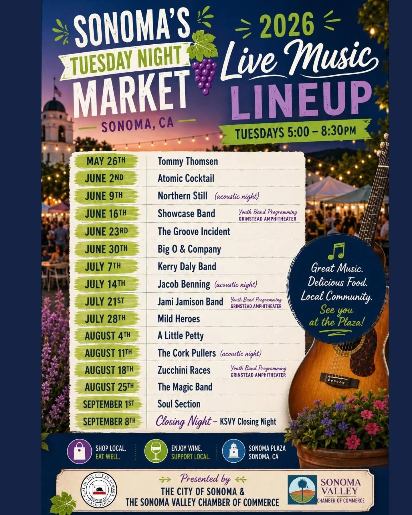 Free live local music every Tuesday in the Sonoma Plaza during the Farmer&rsquo;s Market.  Bring a picnic and have fun. @epicureansonoma @sheanadavis @laluzcenter @vintagehousesonoma @fishsonoma @vintagehousesonoma @svchc_sonoma