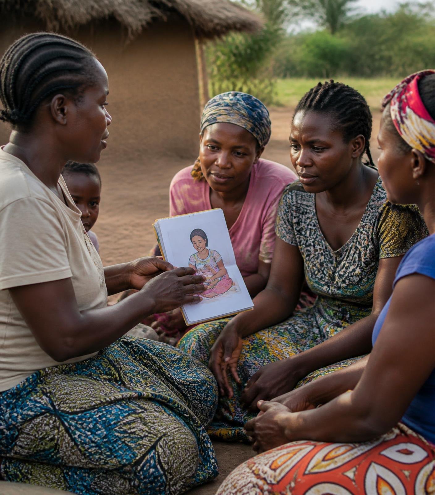 A group of women sitting outdoors in a rural setting, looking at a picture book that features an illustration of a woman. The women are dressed in colorful clothing and appear to be engaged in a discussion.