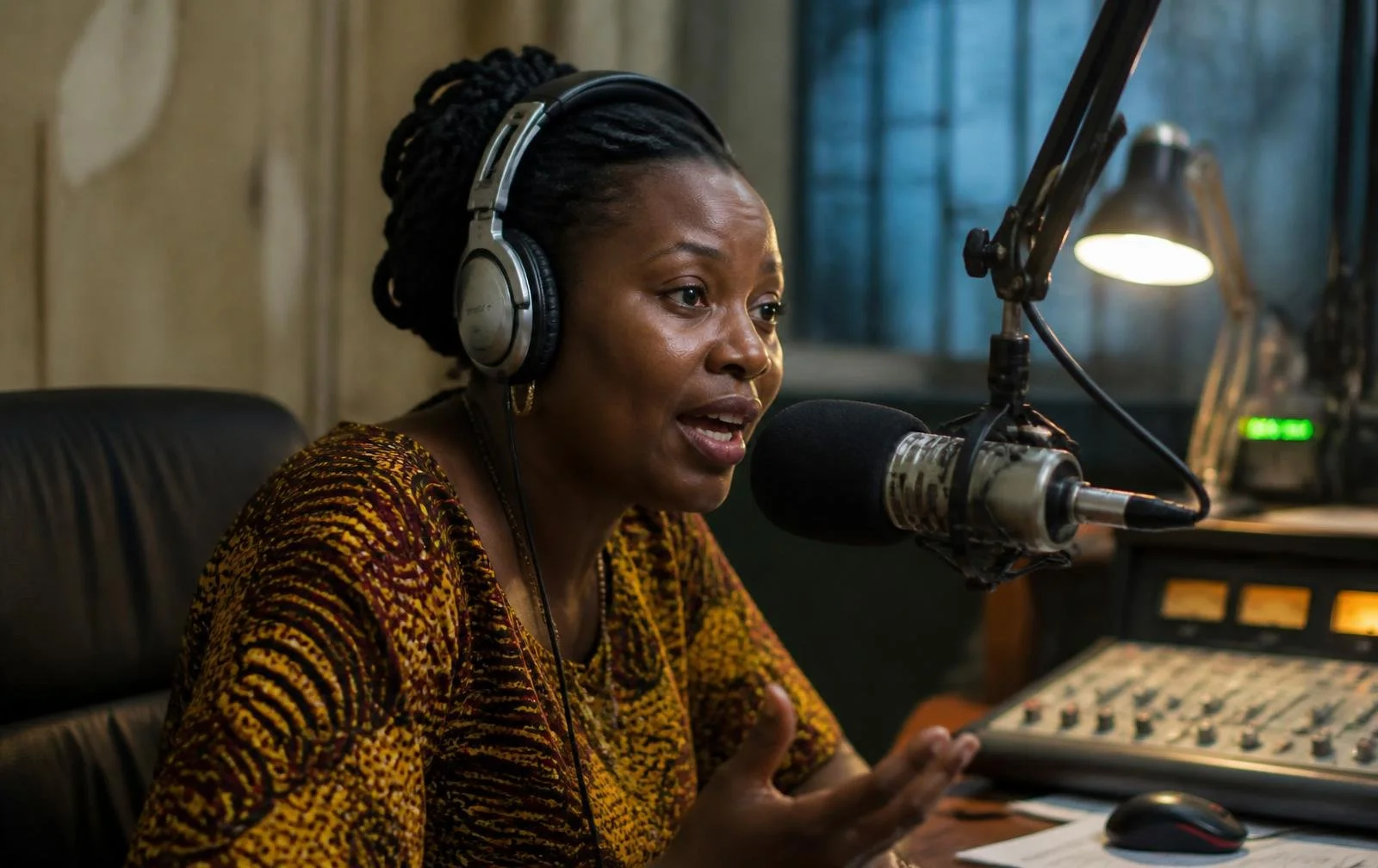 A woman speaking into a microphone in a radio studio, wearing headphones and a yellow patterned top.