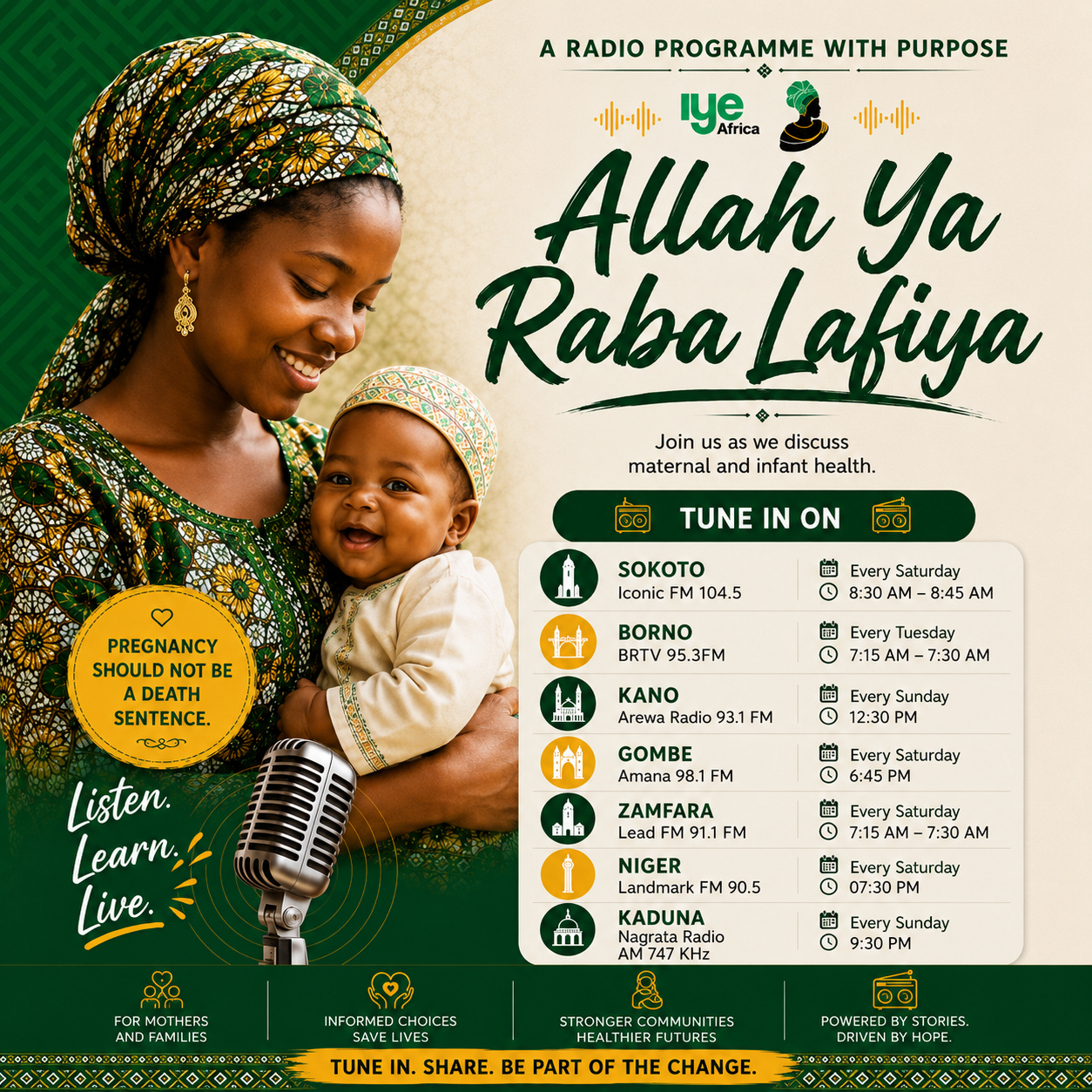 A promotional poster for a radio program titled 'Allah Ya Raba Lafiya,' focusing on maternal and infant health, showing a smiling woman holding a baby, surrounded by broadcast station details and a message encouraging informed choices for healthier futures.