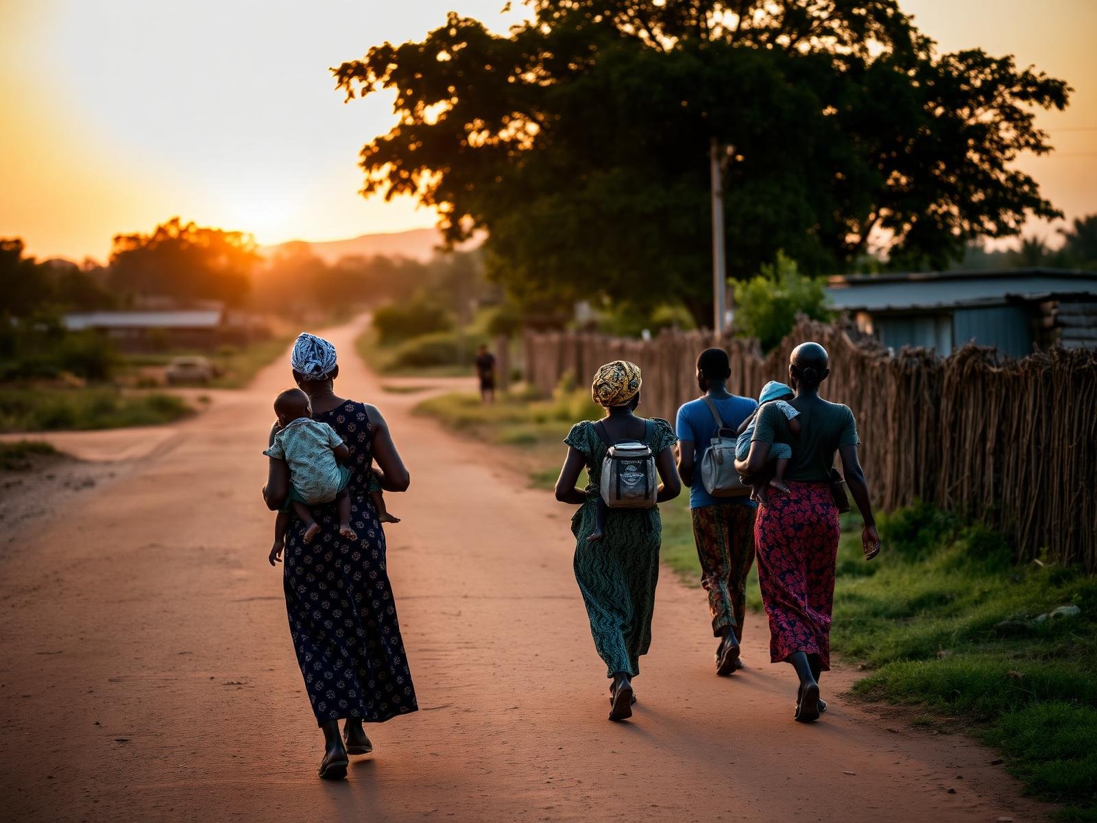 A group of five women walking along a dirt road at sunset, with two women carrying children and wearing headscarves and backpacks, in a rural setting with simple houses and trees.