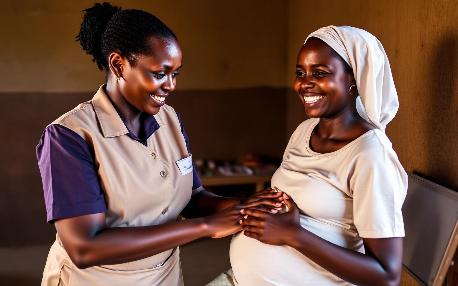 A healthcare worker helping a pregnant woman by placing her hands on the woman's pregnant belly, both smiling warmly.