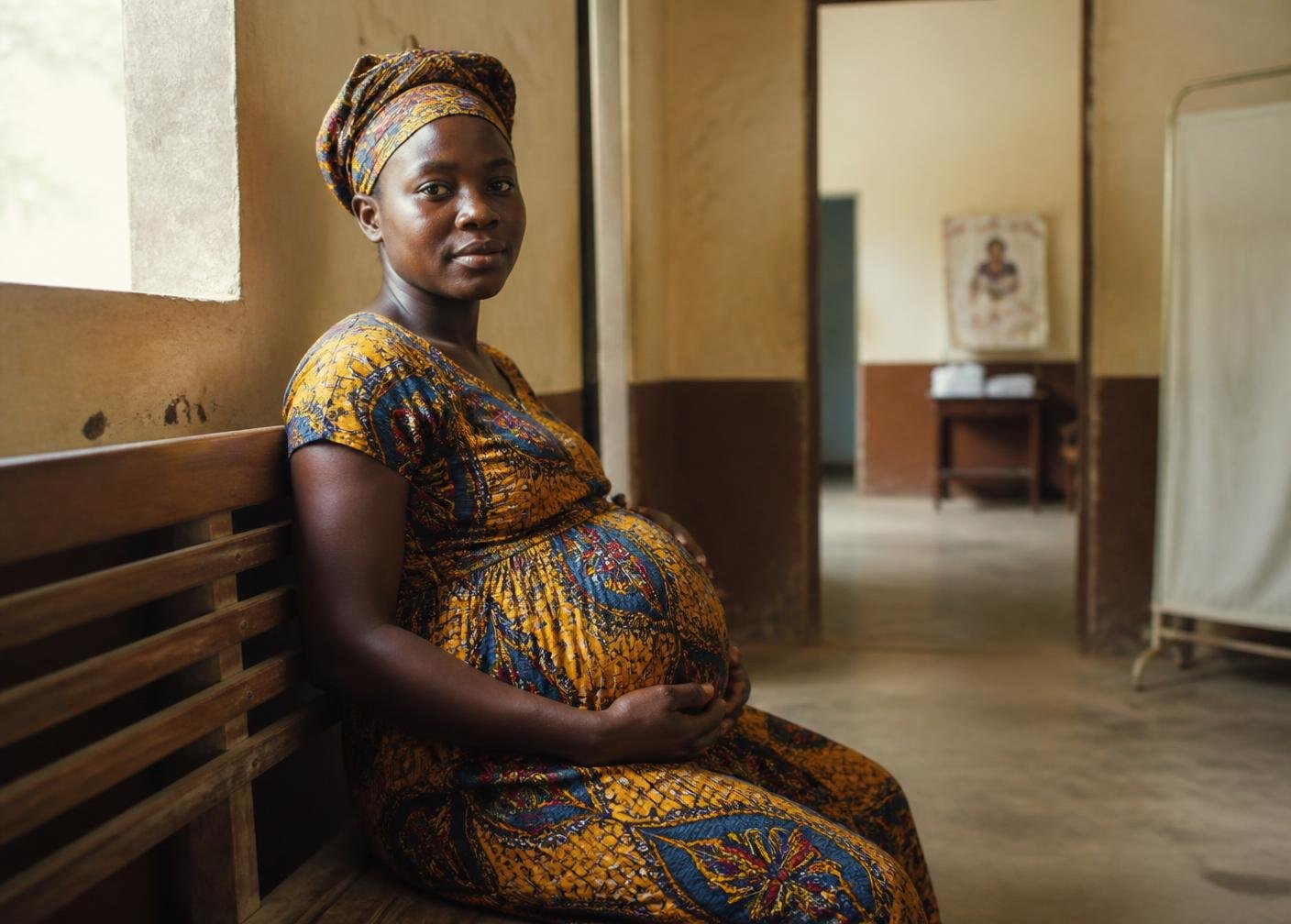 Pregnant woman sitting on a wooden bench in a hospital or clinic waiting room, wearing colorful traditional African clothing and headscarf.