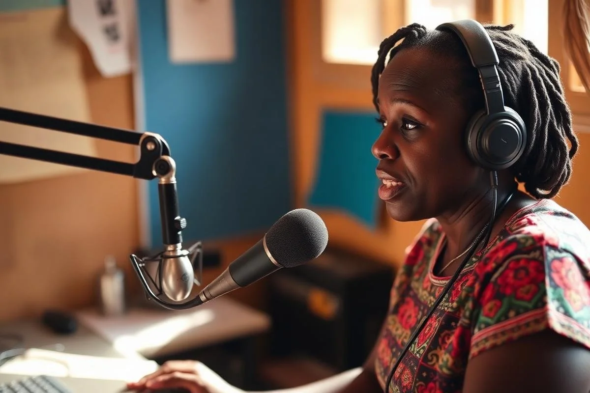 A woman with colored braids wearing headphones speaking into a microphone in a recording studio.