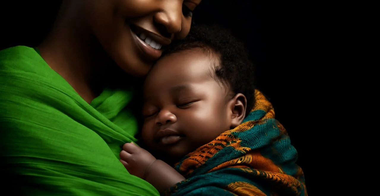A smiling woman in a green garment holding a sleeping baby wrapped in a colorful cloth against a black background.