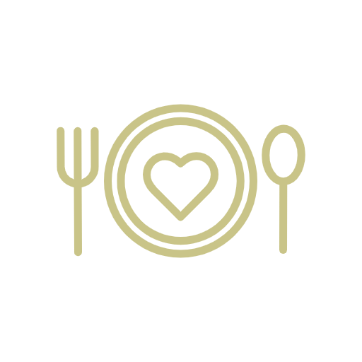 A logo featuring a fork on the left, a plate with a heart in the center, and a spoon on the right, all in a beige color on a black background.