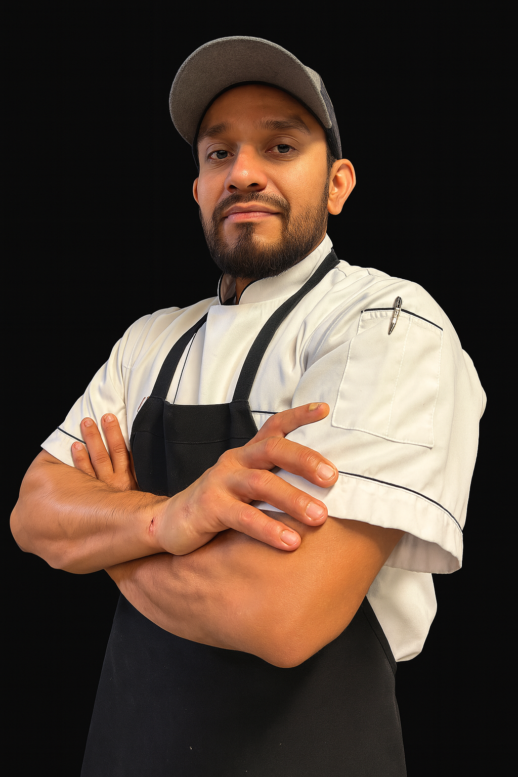 A male chef with a beard wearing a gray cap, white chef uniform, and black apron, standing with arms crossed against a black background.
