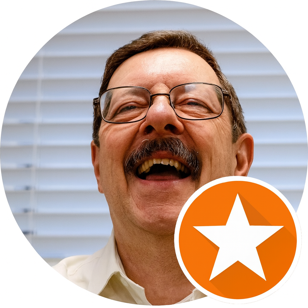 A man with glasses and a mustache laughing, with vertical blinds in the background, and a star badge icon in the bottom right corner.