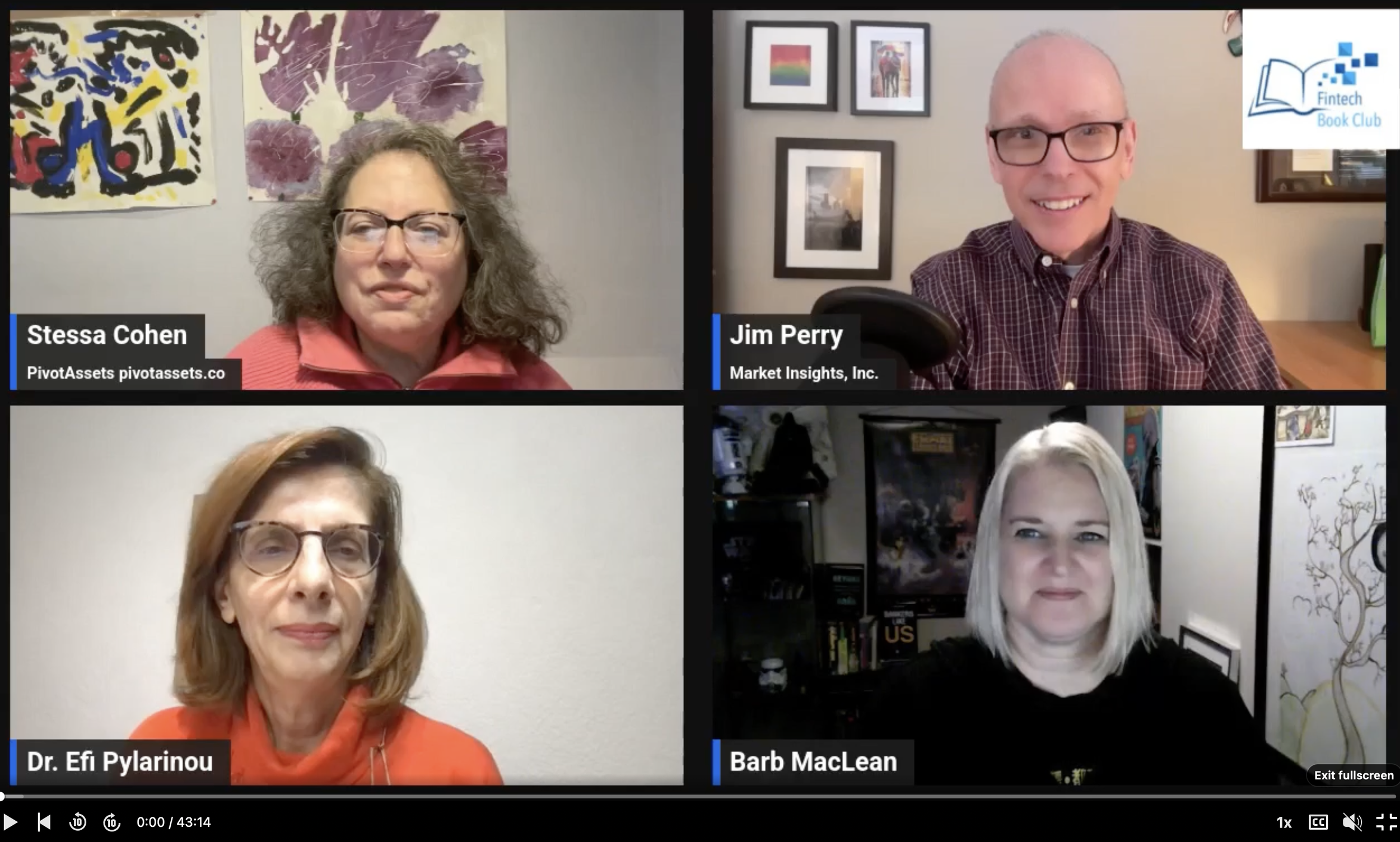 Four individuals participating in a virtual meeting: Top left, Stessa Cohen, with curly gray hair and glasses, sitting in front of colorful abstract art; Top right, Jim Perry, bald with glasses, smiling, in front of framed pictures on the wall; Bottom left, Dr. Efi Pylarinou, with shoulder-length brown hair and glasses, wearing an orange top; Bottom right, Barb MacLean, with blonde hair, sitting in front of bookshelf and artwork.