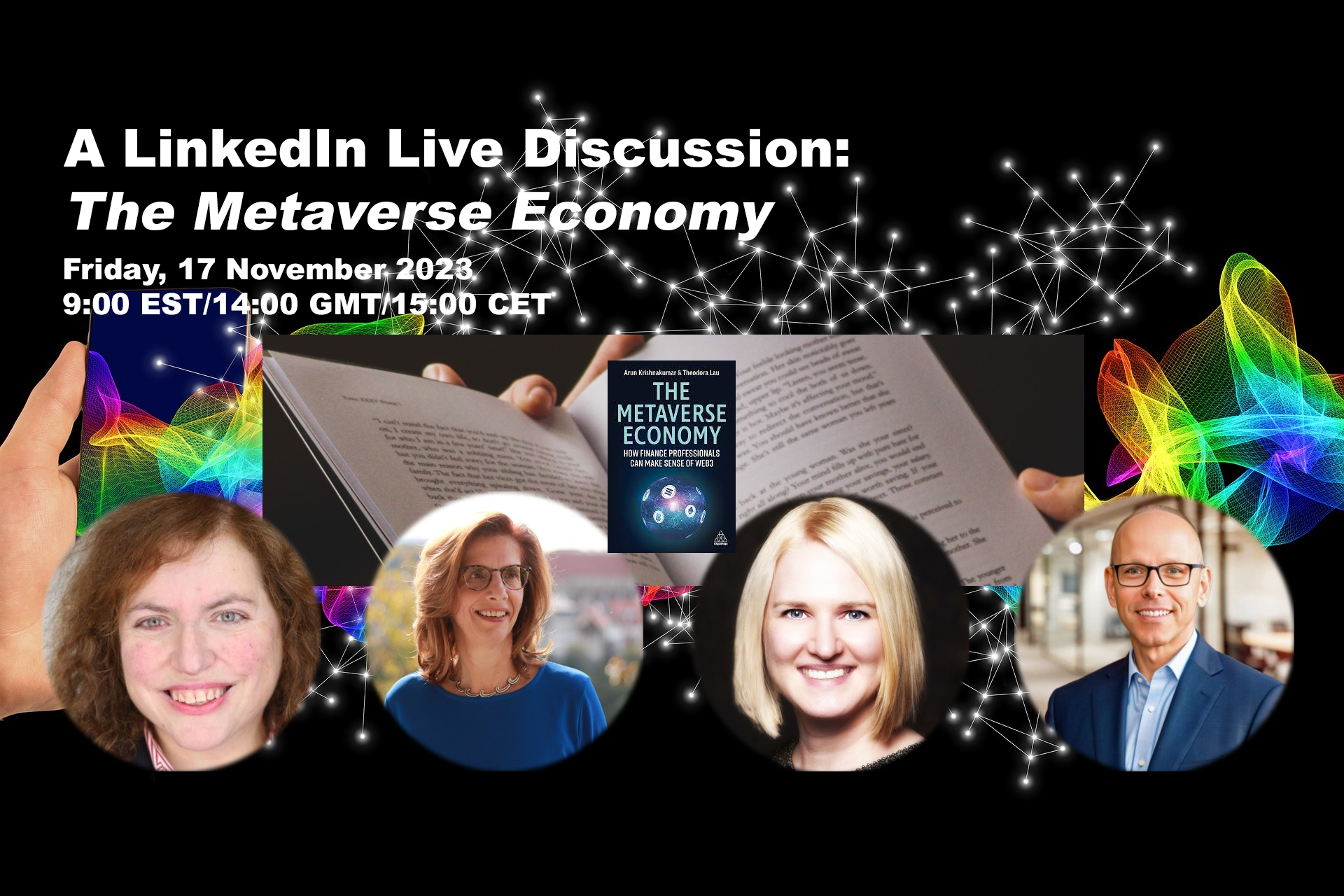 Promotional graphic for a LinkedIn live discussion about the metaverse economy scheduled for November 17, 2023, featuring photos of four speakers and a book cover titled 'The Metaverse Economy'.