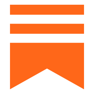Orange ribbon with three horizontal stripes and a downward-pointing arrowhead at the bottom.