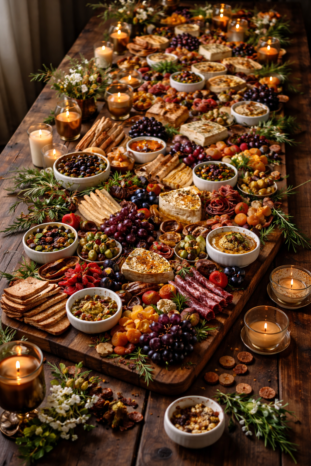 A long wooden table decorated with candles, flowers, and a large variety of cheeses, fruits, nuts, meats, and dips, creating a festive food display.
