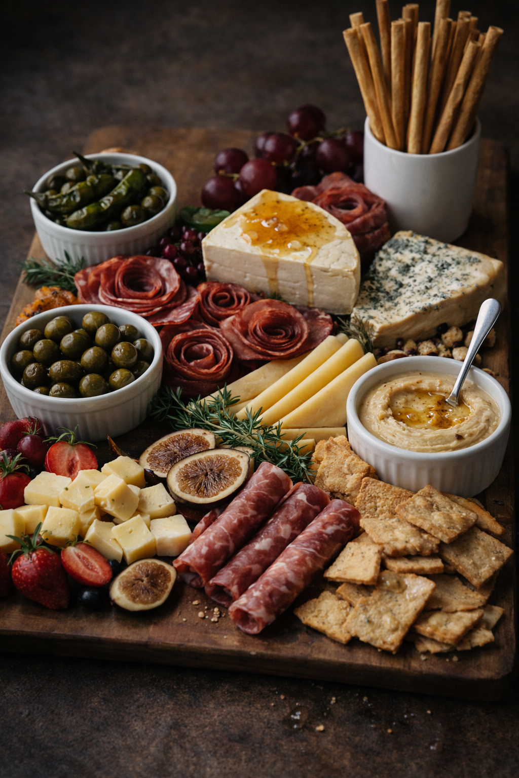Cheese and charcuterie board with grapes, sliced cheeses, cured meats, crackers, breadsticks, nuts, olives, strawberries, and dips on a wooden cutting board.