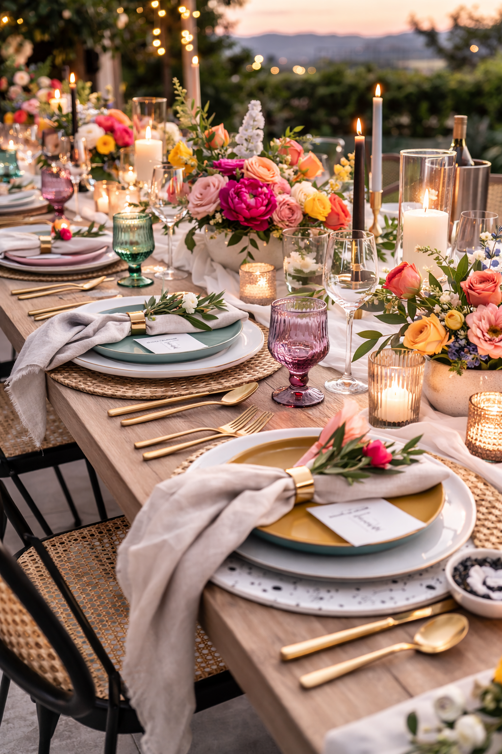 A beautifully decorated outdoor dining table set with colorful flowers, candles, and elegant tableware, ready for a celebration at sunset.