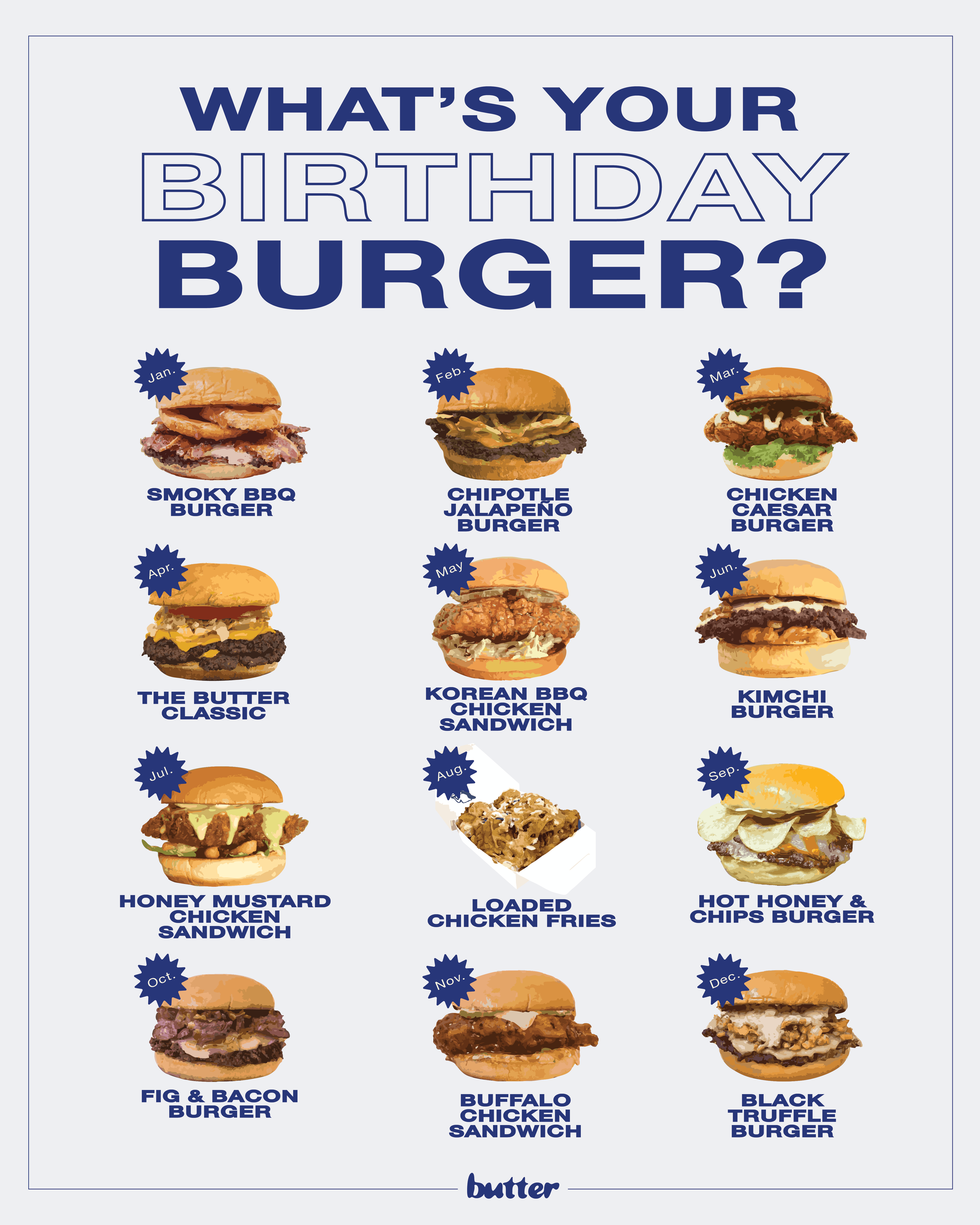 A calendar that advertises Butter's monthly specials.