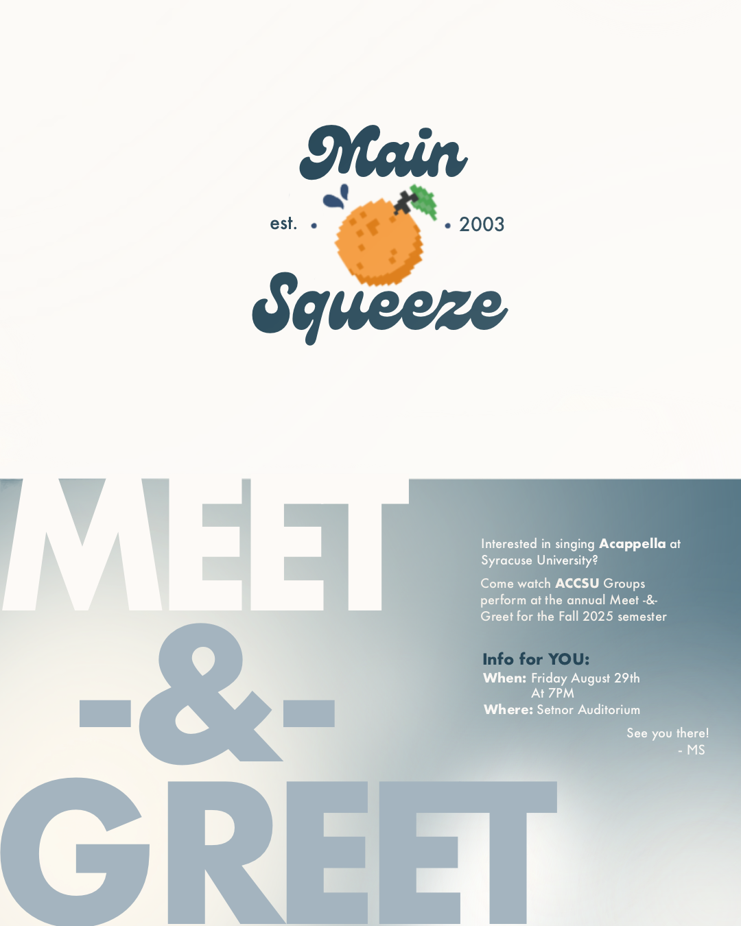 A flyer announcing Main Squeeze's appearance at Meet & Greet, an annual event for a-cappella groups at Syracuse University.