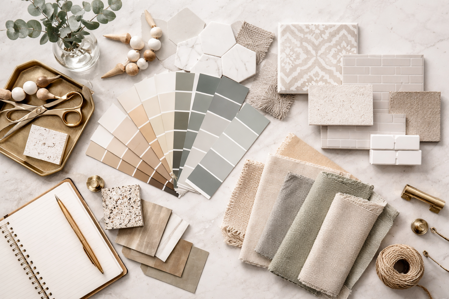 A flat lay of interior design materials including paint color swatches, fabric samples, tiles, a notebook with a pen, scissors, and decorative items on a marble surface for home remodeling.
