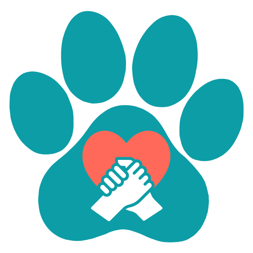 A teal-colored animal paw print with a red heart and two white hands clasping inside the heart.