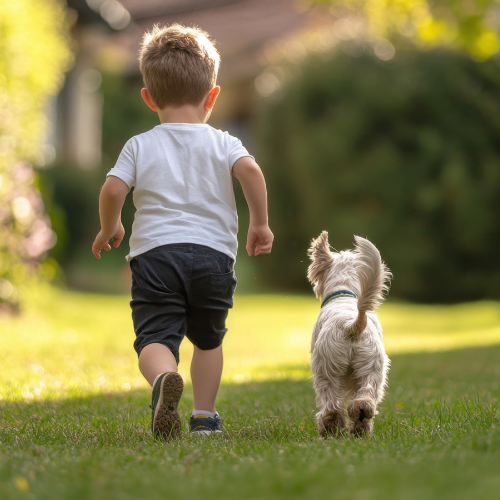 A young boy and a small dog running together on a grassy lawn in a park or backyard.