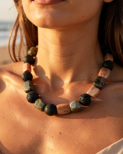 The Mexico City Collection is inspired by a city shaped by centuries of history, layered artistry, and a culture that feels both ancient and alive. Featuring sunstone, rainforest jasper, lava rock, and labradorite, and finished with sterling silver