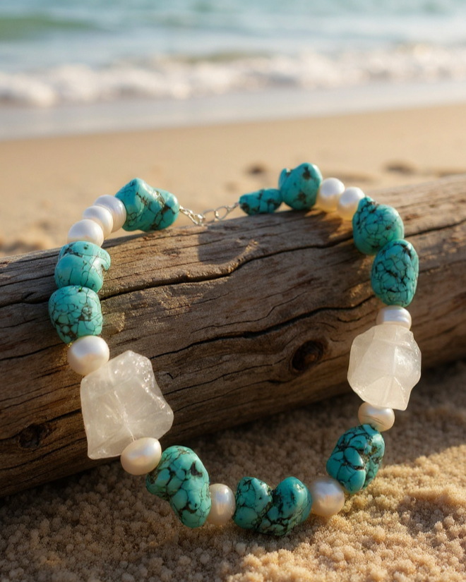 Vibrant turquoise beads and white baroque pearls, accented by two large crystal quartz stones and finished in sterling silver with a two-inch clasp.