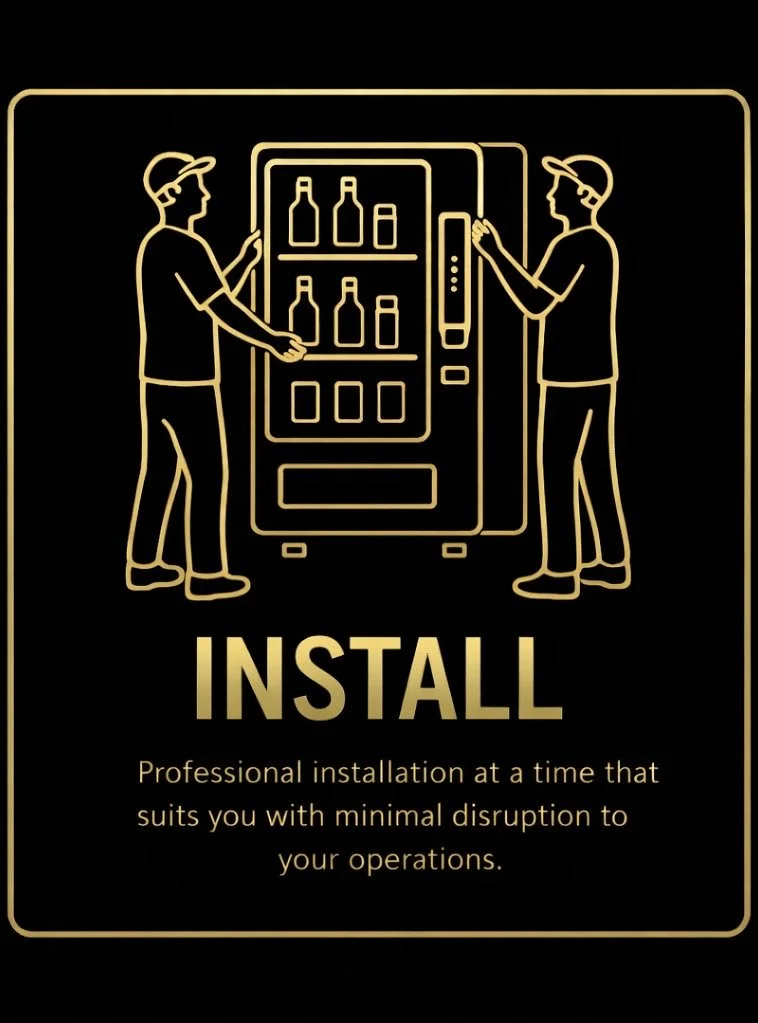 Illustration of two people installing a vending machine, with the word "INSTALL" and a message about professional, minimally disruptive installation.