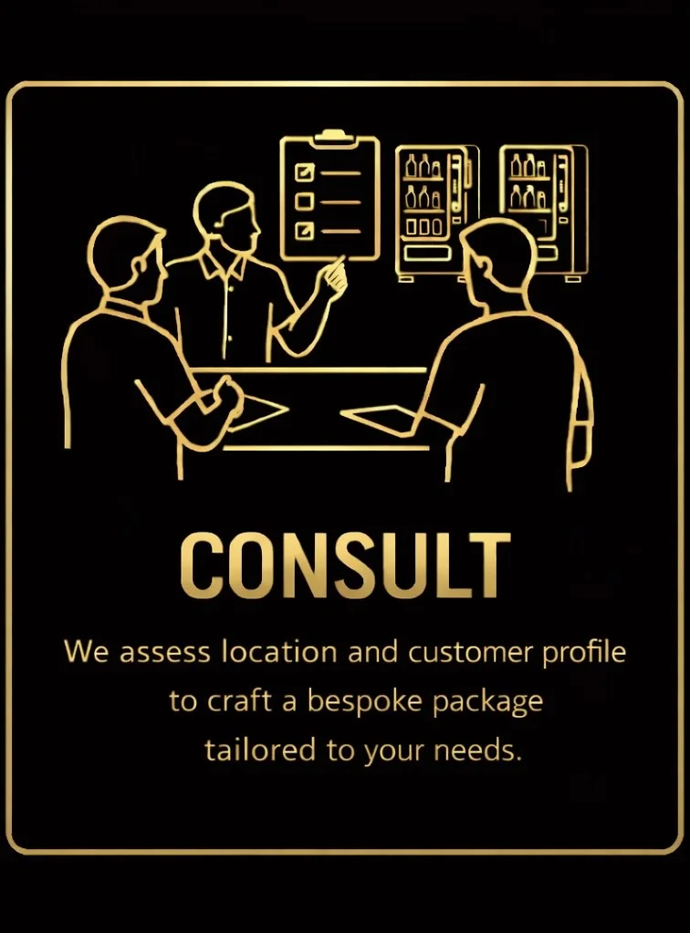 Line drawing of three people in a consultation, with one person explaining options in front of vending machines. Text reads 'CONSULT' and 'We assess location and customer profile to craft a bespoke package tailored to your needs.'