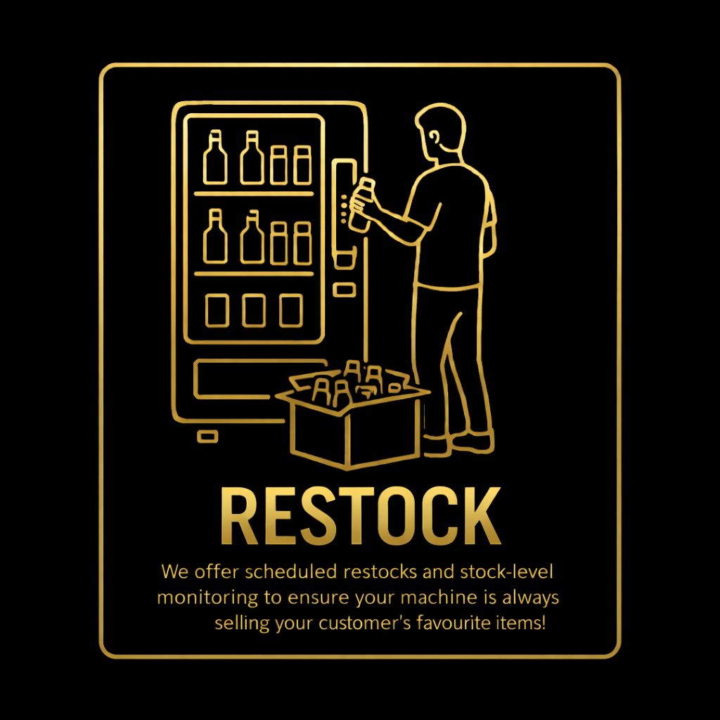 A neon-style illustration of a man choosing snacks from a vending machine, with a box of chips or snacks in front of him. The text reads "RESTOCK" and mentions scheduled restocks and stock level monitoring to keep items available for customers.