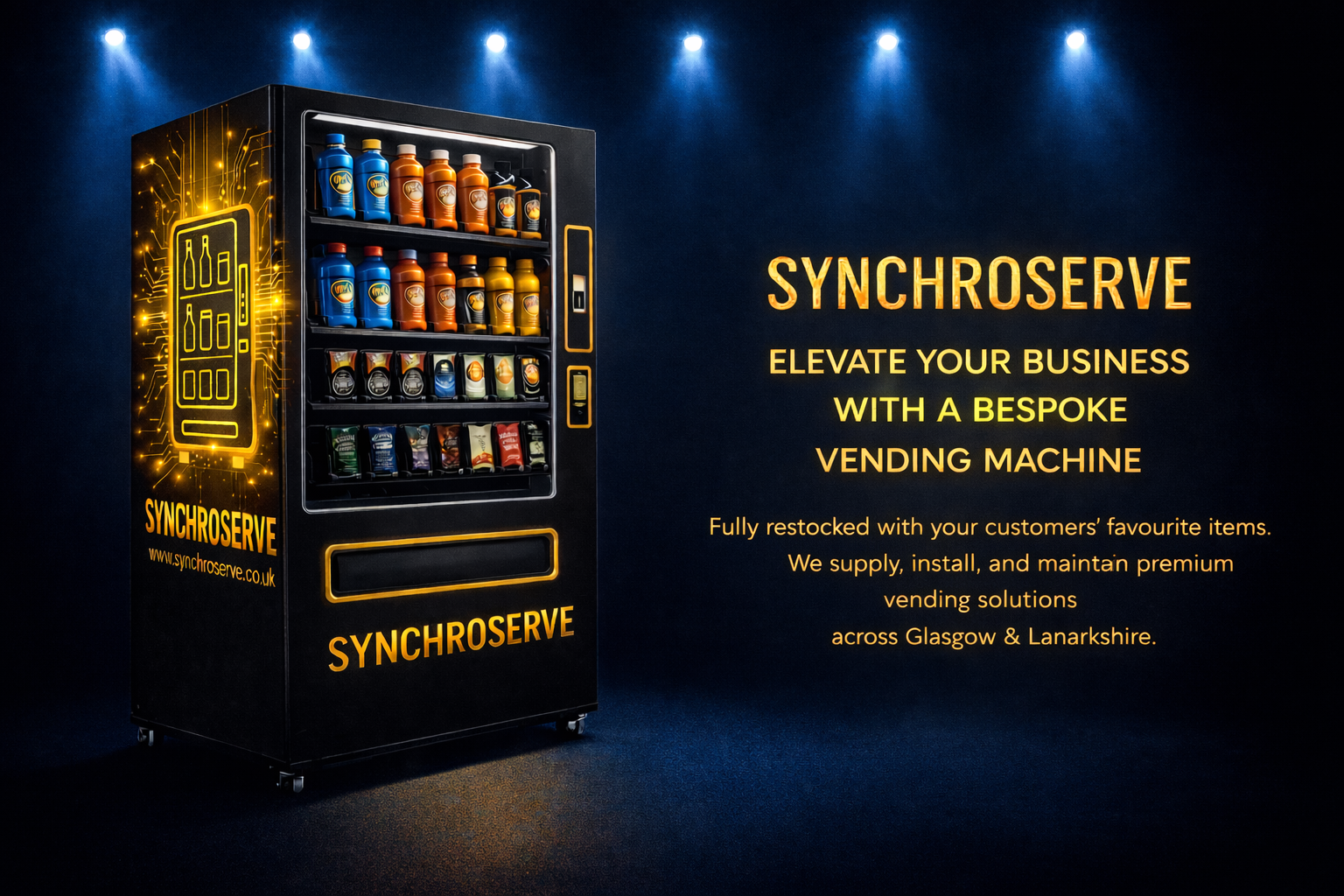 Vending machine stocked with drinks and snacks against a dark background with illuminated blue spotlights. The right side features promotional text for Synchroserve, a bespoke vending machine service.